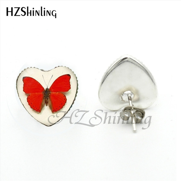 HER-0032 New Arrival Colorful Butterfly Stud Earrings Handmade Woodland Jewelry Glass Dome Butterfly Heart Earring for Women