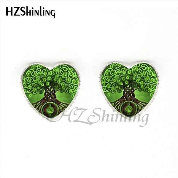 HER-0013 New Fashion The Tree of Life Heart Stud Earrings Handmade Art Photo Glass Dome Divergent Tree Heart-shaped Women Earring