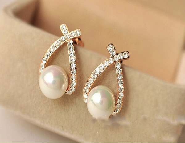 Elegant OL Natural Shell Pearl Rhinestone Crystal Cross Stud Earrings Twisted Korean 18k gold filled