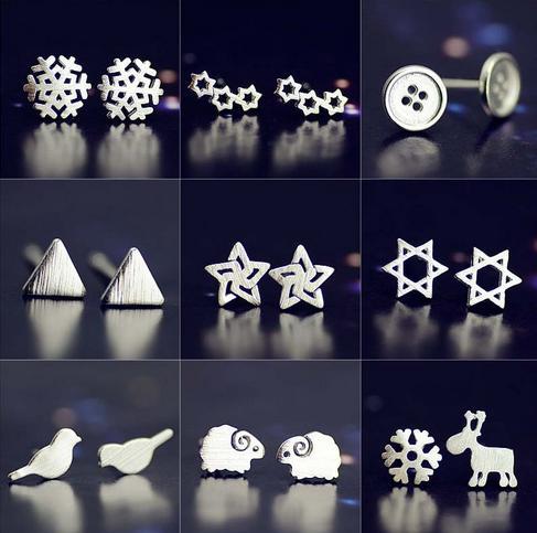 925 pure Silver earring needle+plated platinum Earring, Snow/Star/Sheep/Triangle, mix delivery, no fade, free shipping