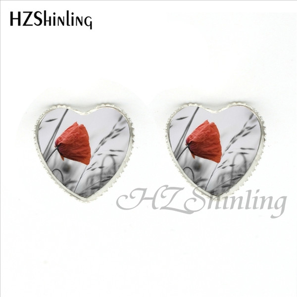 HER-0018 Poppy Heart Earrings Red Poppy Flower Jewelry Glass Dome poppies Heart Stud Earrings Wholesale