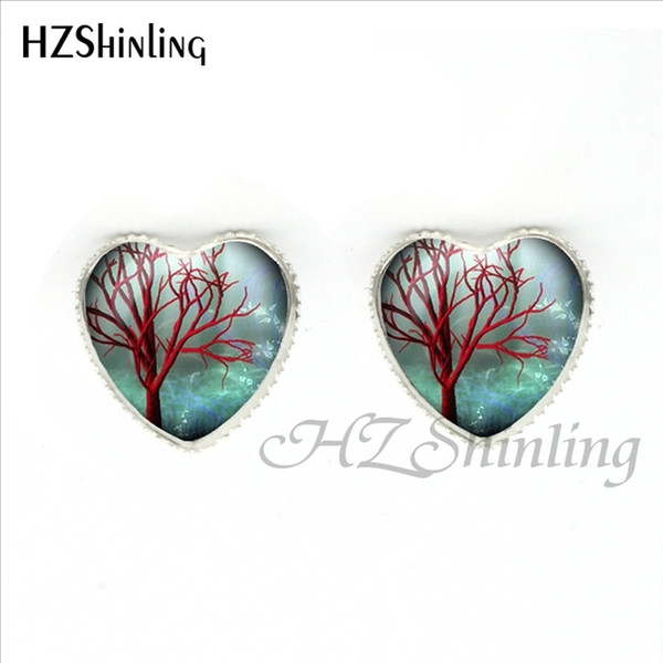 HER-009 New Fashion Tree Of Life Earrings Handmade Colorful Tree Earring Art Jewelry Glass Dome Heart Stud Earrings For Women