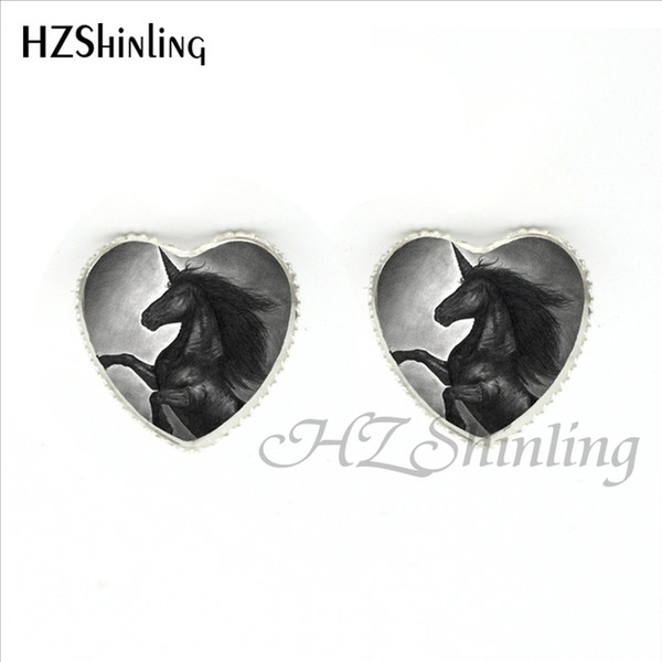 HER-0025 Fantasy Unicorn Heart Earrings Handmade Unicorns Fantasy and Pegasus Photo Stud Earring Glass Dome Jewelry For Women