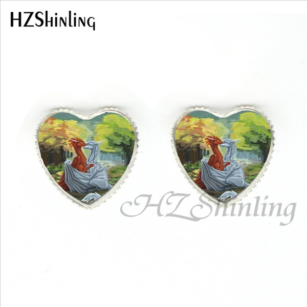 HER-006 New Ancient Couple Heart Dragons Earring Handmade Dragon Stud Earring Art Jewelry Glass Dome Heart Earrings For Women