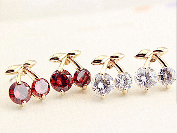 925 sterling silver Korea , cute sweet cherry Stud Earrings women's delicate ear ornaments Platinum-plated hypoallergenic