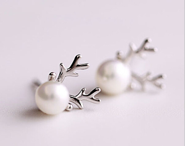 Gold Silver Plated Korean High Quality Unique Women Simulated Pearl Antlers Deer Stud Earrings