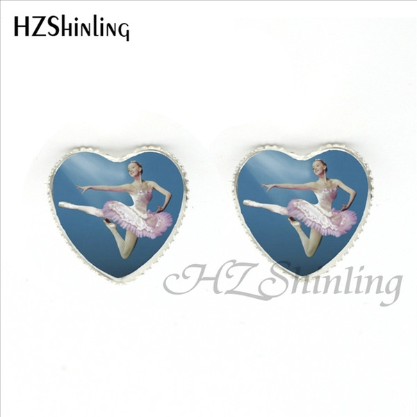 HER-0026 New Ballerina Heart Earrings Ballet Dance Jewelry Glass Cabochon Art Photo Silver Stud Earring for girls