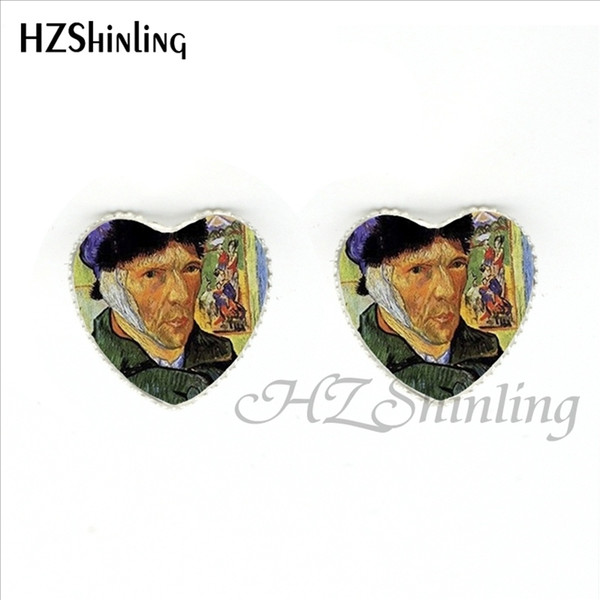 HER-0014 Fashion The Starry Night by Vincent Earring Handmade Van Gogh's Painting Heart shaped Stud Earrings Jewelry