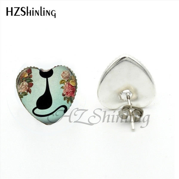 HER-0033 New Arrival Siamese Cat Stud Earrings Handmade Art Photo Glass Dome Black Cat Heart Earring for Animal Lover