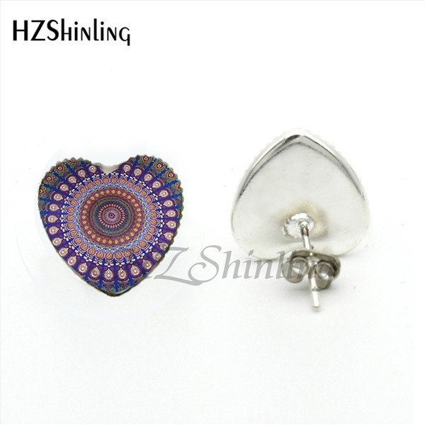 HER-0031 New Arrival Buddhism Mandala Stud Earrings Handmade Art Photo Glass Dome Peacock Feathers Boho Bohemian Earring