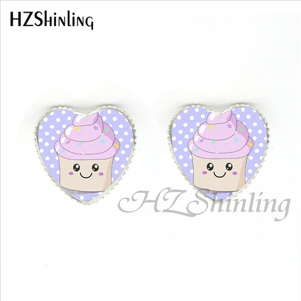 HER-001 New Fashion Cupcake Earring Handmade Lovely food Cupcake Heart Stud Earrings Art Jewelry Glass Dome Earring For Women