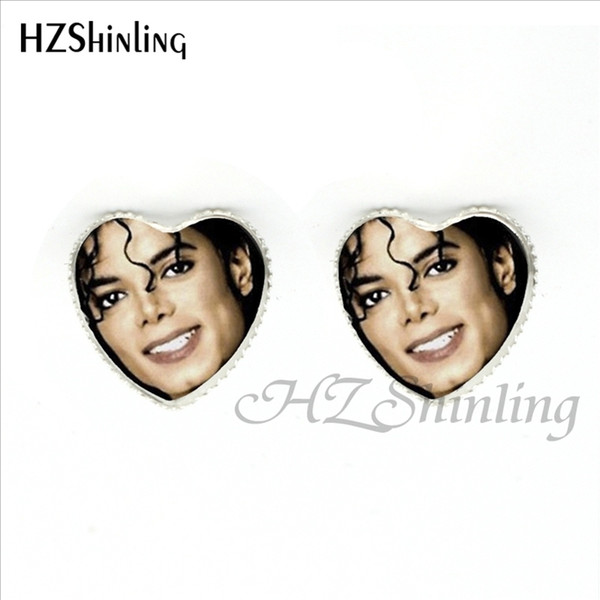 HER-0023 New Michael Jackson Heart Earrings Classic Michael Jackson Silver Stud Earrings Handmade Glass Dome Jewelry