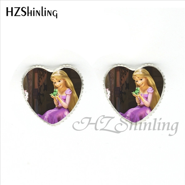 HER-0024 New Fashion Round Glass Cabochon Beautiful Rapunzel princess Earrings Glass Cabochon Heart Stud Earring for girls