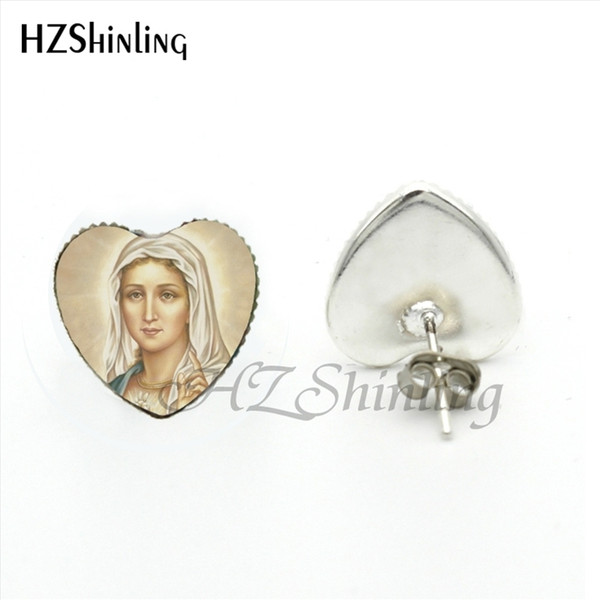 HER-0034 New Arrival Blessed Virgin Mary Stud Earrings Handmade Art Photo Glass Dome Mother of Baby Heart-Shaped Earring