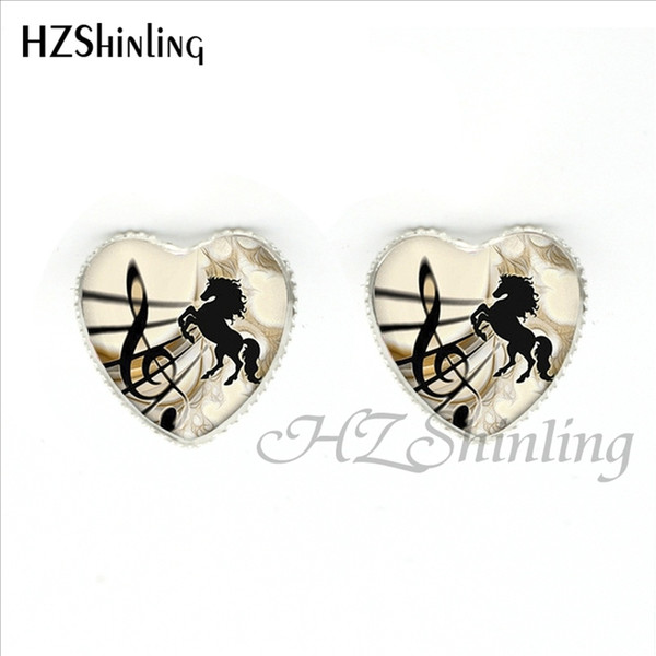 HER-007 New Fashion Horse Earrings Music Horse Heart Shaped Earring Horse Jewelry Glass Dome Heart Birthday Stud Earring gift