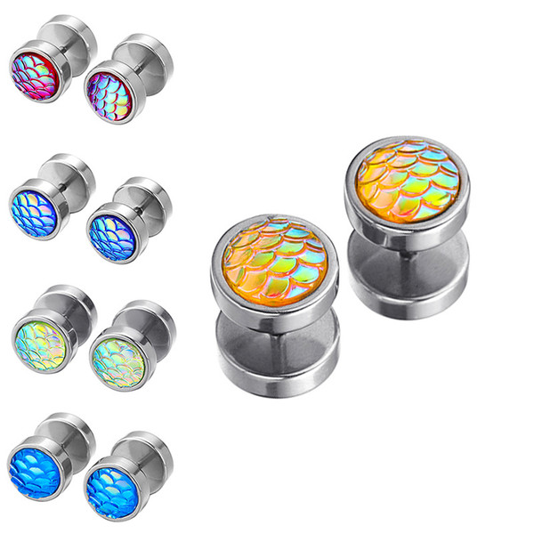 Personality Stainless Steel Multicolor Fish Scale Silver Stud Earrings Dumbbell Titanium Steel Female Stud Earrings Wholesale