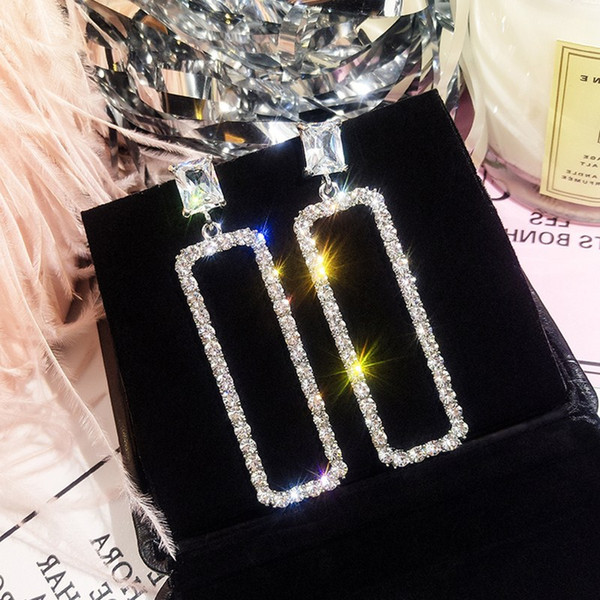 Korean geometric square earrings woman fashion full diamond shiny simple joker earrings temperament 925 silver long earrings