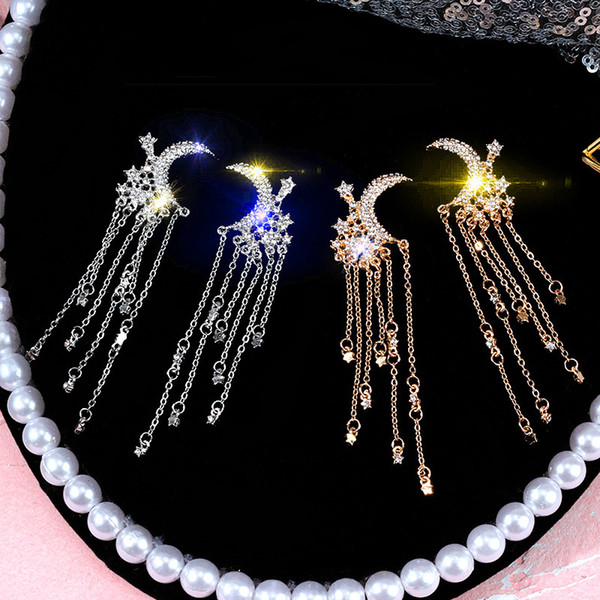 Fashion Korean 925 Silver needle stars moon crystal long earrings Europe and the United States Internet Celebrity wild creative jewelry