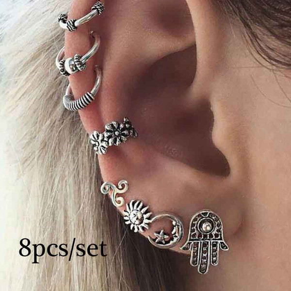 8Pcs/Set Bohemian Retro Women Girls Moon Sun Earrings set Dangle Tassel Stud Earring Jewelry Gifts Accessories