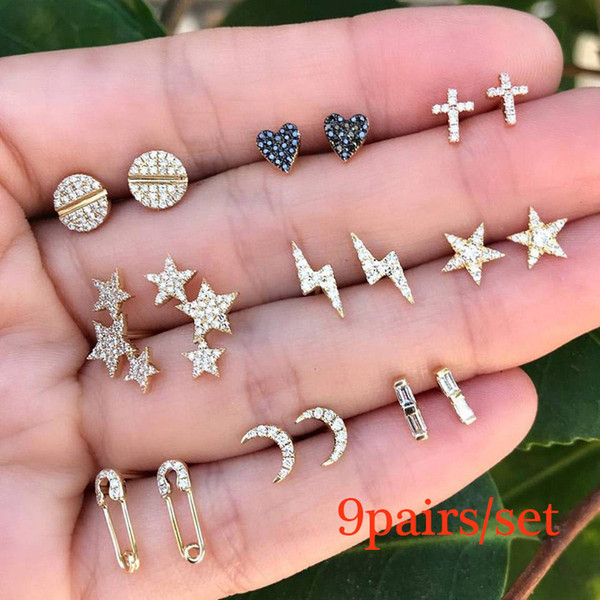 9 Pairs/Set Cute Moon Stars Heart Lightning Vintage Small Stud Earring Set Statement Jewelry For Women Punk Geometric Ear Bijoux