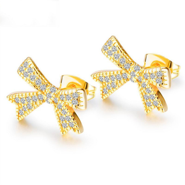 High Quality Fashion 2019 Chic Gold Silver Color Bowknot Cubic Crystal Earrings Rhinestone Stud Earrings for Women Gifts Jewelry