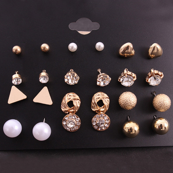 12 Pairs/Lot Trendy Elegant Pearl Stud Earring Set Korean Fashion Rhinestone Crystal Punk Earring Mix Ear Jewelry For Women Girl