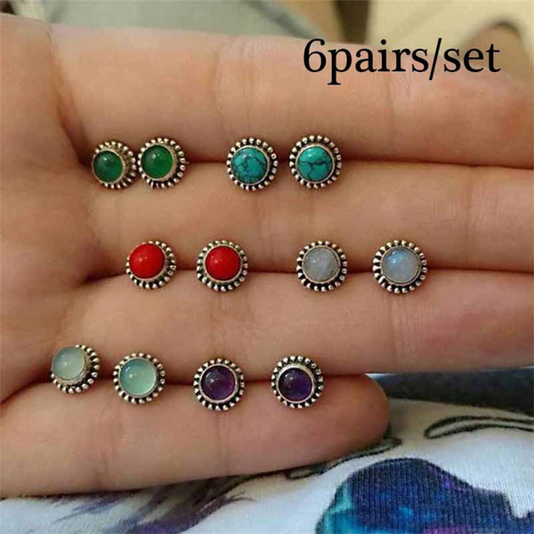 6Pairs/Set Boho Gem Silver Earrings Set Women Vintage Punk Elephant Crystal Rhinestone Stud Earring Party Clothing Jewelry