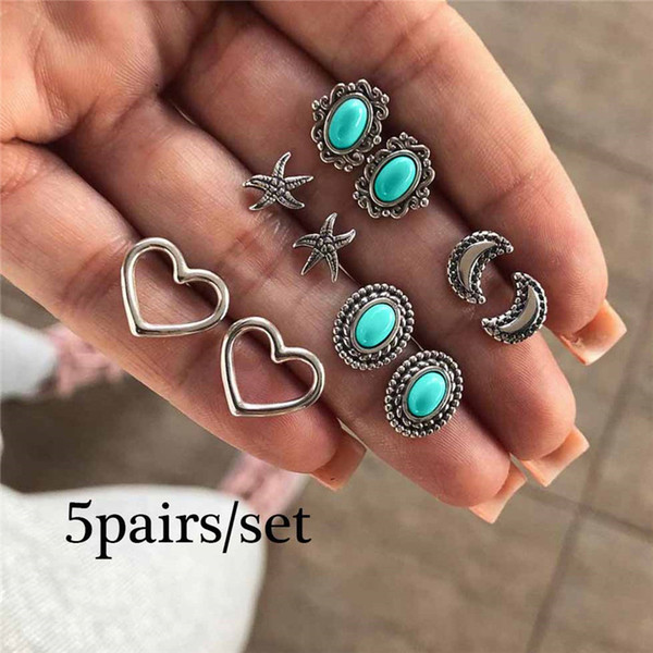 5pairs / Pack Vintage Alloy Green Stone Stud Earring Sets Turquoises Antique Women Earring Bohemia Women Jewelry Gift