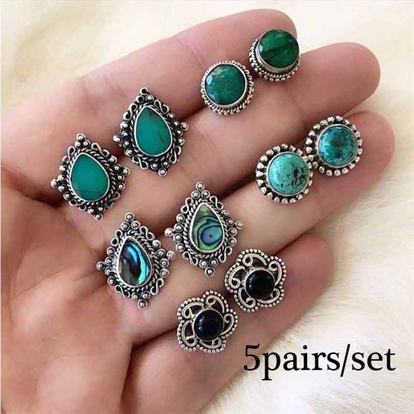 5pairs/set Bohemian Green Rhinestone Earring Angel Moon Flower Crown Shape Stud Earrings Women Fashion Jewelry