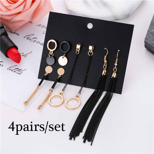 4Pairs/set Fashion Mix Gold Black Long Tassel Earrings Set for Women Trendy Statement Round Circle Stud Earrings Sets