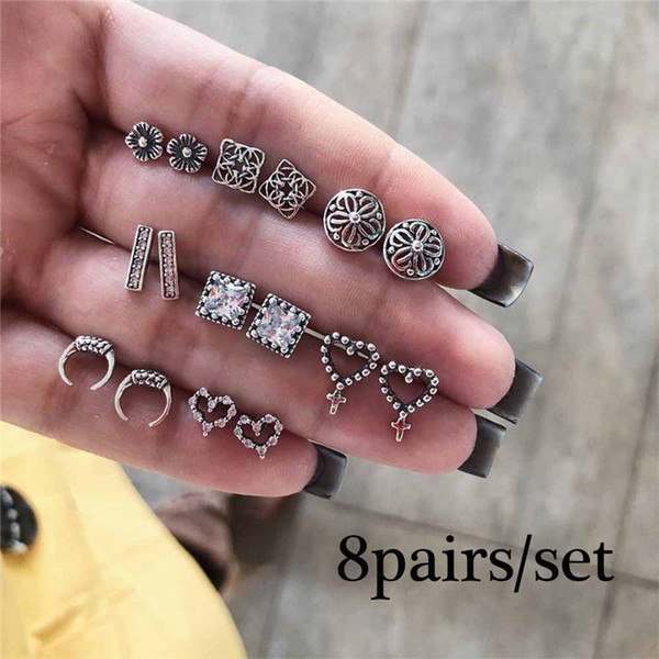 8pairs Vintage Stud Earrings Set Mixed for Women Bohemian Tibtan Silver Crystal Stone Statement Hang Brincos Jewelry