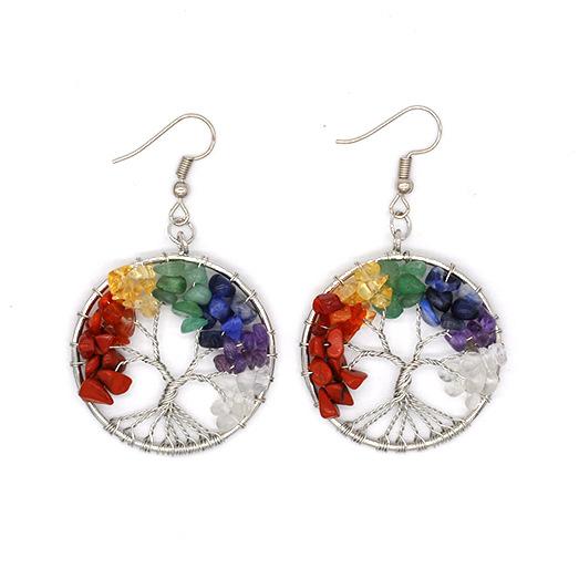 Retro Tree of Life Charm Earrings Natural Stone Silver Alloy Earring Trees Fashion Women Ladies Opal Gemstone Crystal Jewellry Wholesale