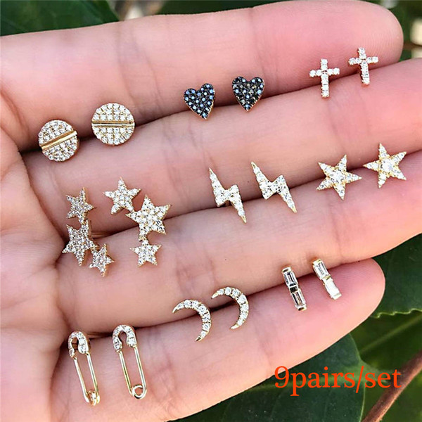 9pair Set Creative Earrings for Women with Stars/crescent/heart/cross and Inlay Rhinestone Design In Gold Tone Female