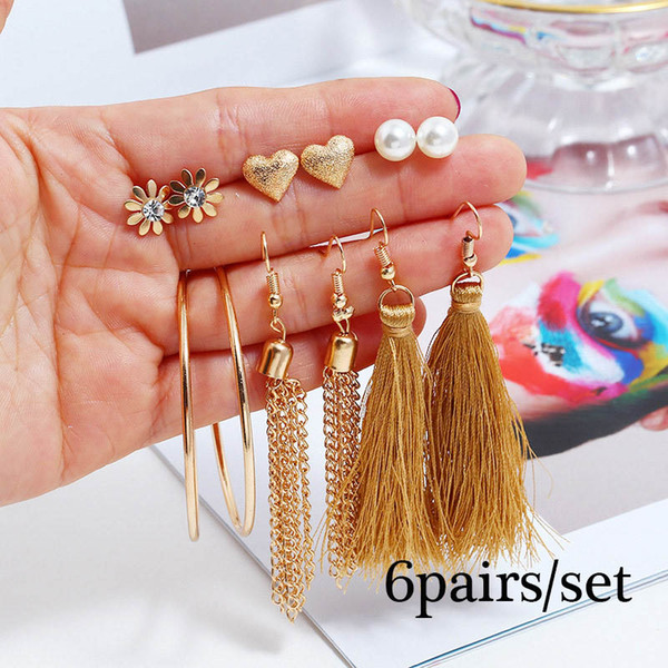 6pairs/set Bohemian Long Tassel Stud Earrings Set For Women Big Gold Circle Heart Flower Statement Earrings Boho Jewelry