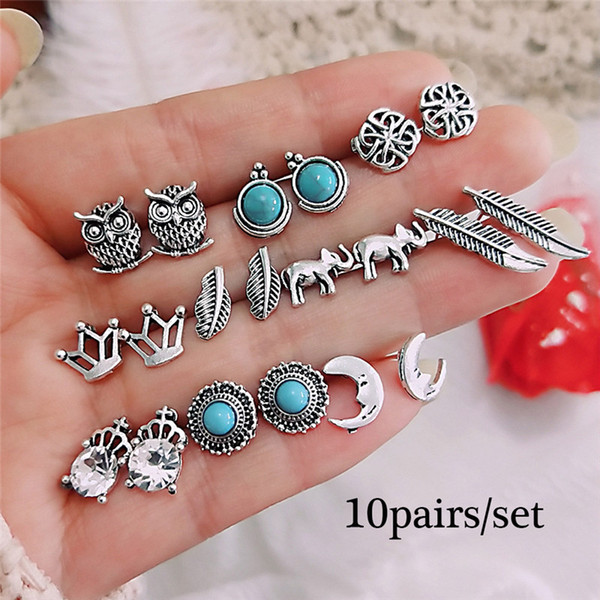 Fashion 10Pairs/Lot Women Earrings Set Shining Rhinestone Crown Leaf Elephant Stone Stud Earrings Retro Jewelry Accessories