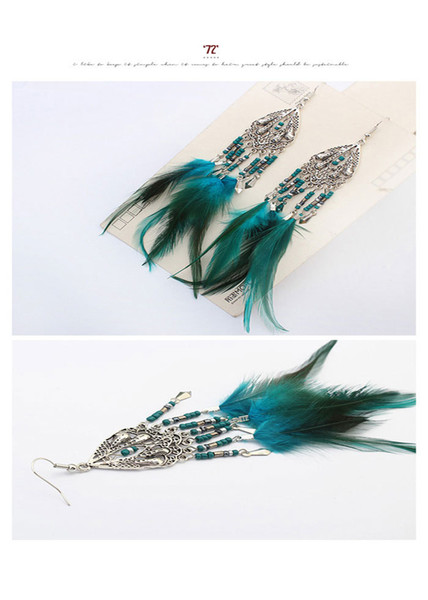 European and American fashion exaggerated retro Bohemia beads, feathers, tassels, long dripping Earrings