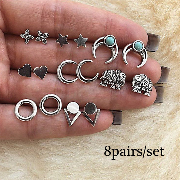 Bohemia 8Pairs/Set Silver Color Women Earrings Set Fashion Elegant Heart Shape Stud Earring Classic Simple Party Earrings