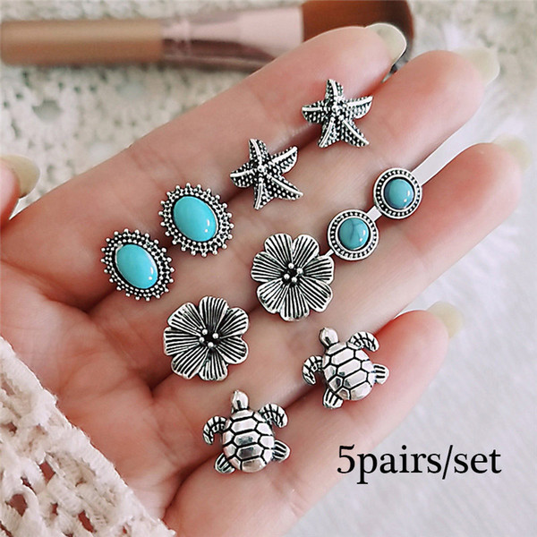 5 pairs /set Bohemian Starfish Wave Turtle Shell Flower Stud Earrings Set For Women Vintage Heart studs Round Earring Statement