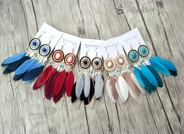 Mixed Color Feather with Tassel dandle Earrings Charm Fashion Jewelry For Women Bohemia Earrings finding ER504