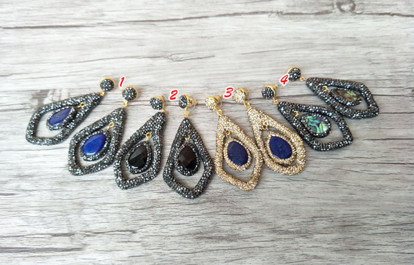 Natural stone/abalone shell/lapis lazuli dangle Earrings,handmade Pave Crystal Rhinestone Charms Women Jewelry ER263