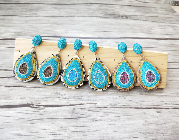 Mix color natural geode stone drop earrings Pave Rhinestone with Coiled Brass Chain snake skin earring for women ER727