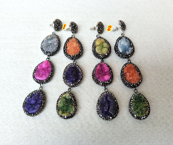 Random collocation Mix color stone Pave Rhinestone Quartz Druzy Stone Water Drop Earrings Jewelry Finding For Women ER569