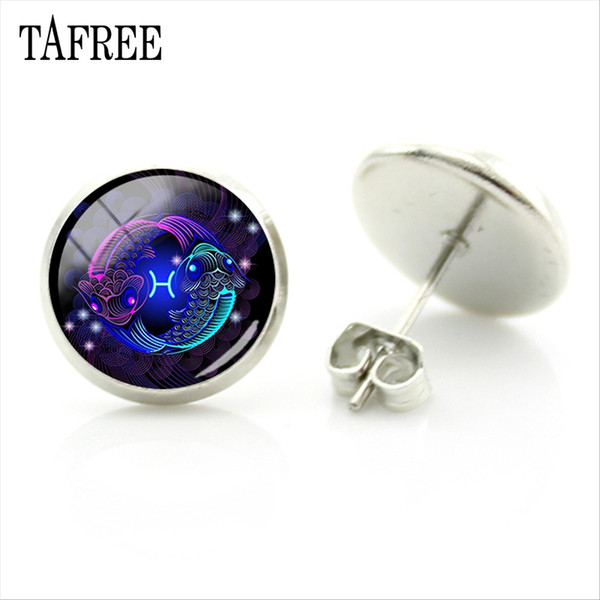 TAFREE 12 Constella Leo Virgo Stud Earring Glass Cabochon Zodiac Sign Earring Silver Plated For Women Kid Birthday Gift XZ74