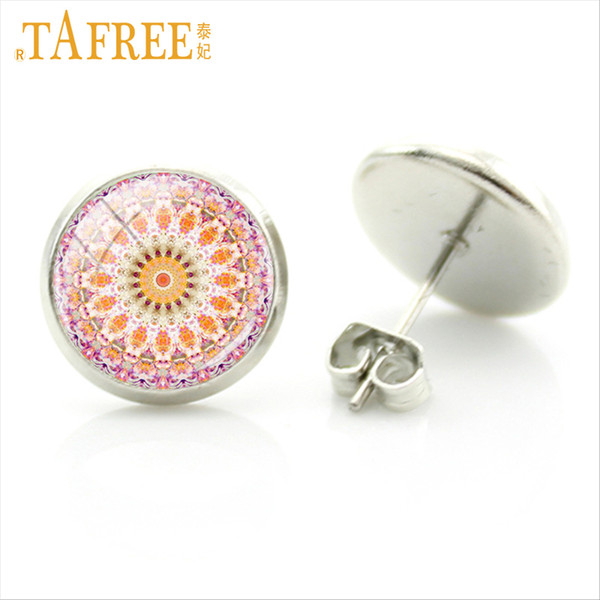 TAFREE Mandala sacred Stud Earrings Flower of Life Geometry amulet round Glass fashion Henna women accessories jewlery H296