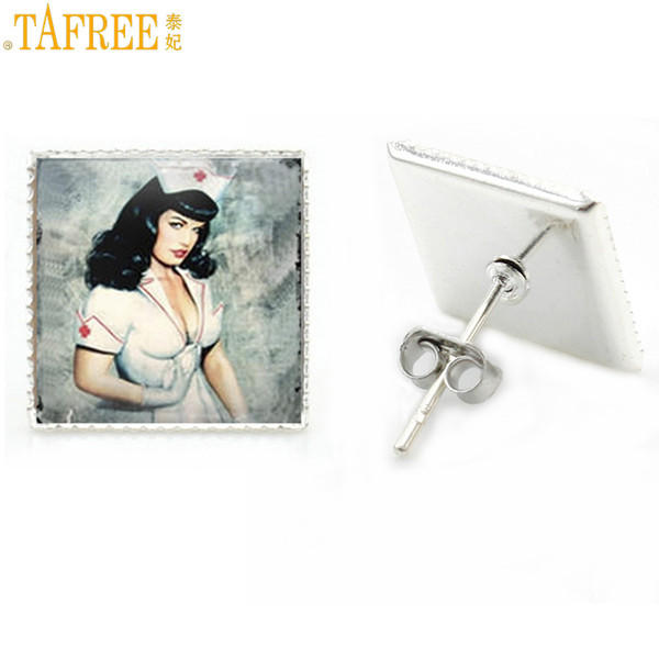 TAFREE Vintage Nurse stud earrings fashion charms Pin Up girl anatomy photo tree flower men women jewlery AA16