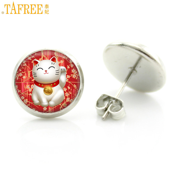 TAFREE fashion cute lucky cat stud earrings Maneki Neko Welcoming plutus cat vintage animal art steampunk women jewelry D1266