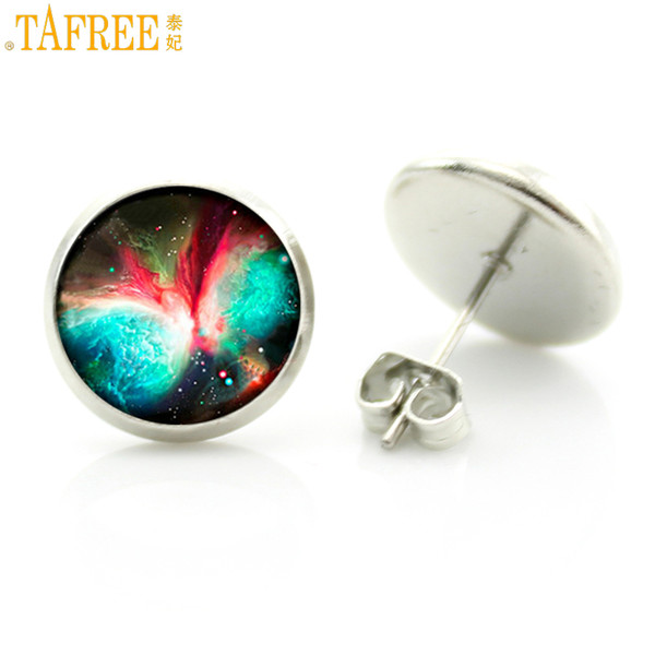 TAFREE novelty fashion galaxy nebula glass cabochon stud earrings outer space astronomy stars charm full moon women jewelry D779