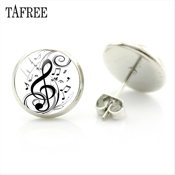 TAFREE New Arrival Music Notes Stud Earrings Handmade Glass Dome Round Jewelry Treble clef and Notes Earring Jewelry MT03