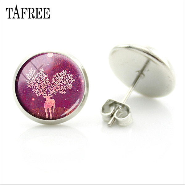 TAFREE Winter Snowflake Christmas Picture Glass Cabochon Stud Earring Women Earrings Decoration Jewelry Christmas Gifts CM40-25