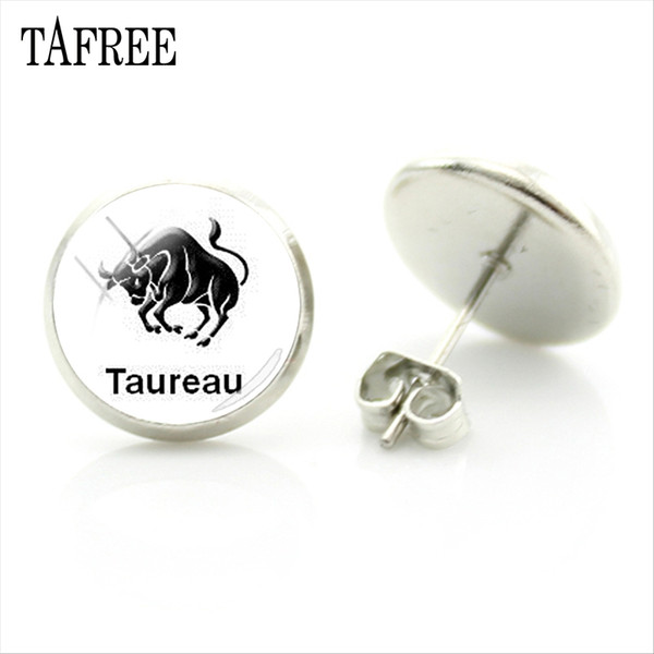 TAFREE Simple 12 Constella Leo Virgo Stud Earring Glass Cabochon Zodiac Sign Earring Silver Plated Christmas Gift For Women XZ76